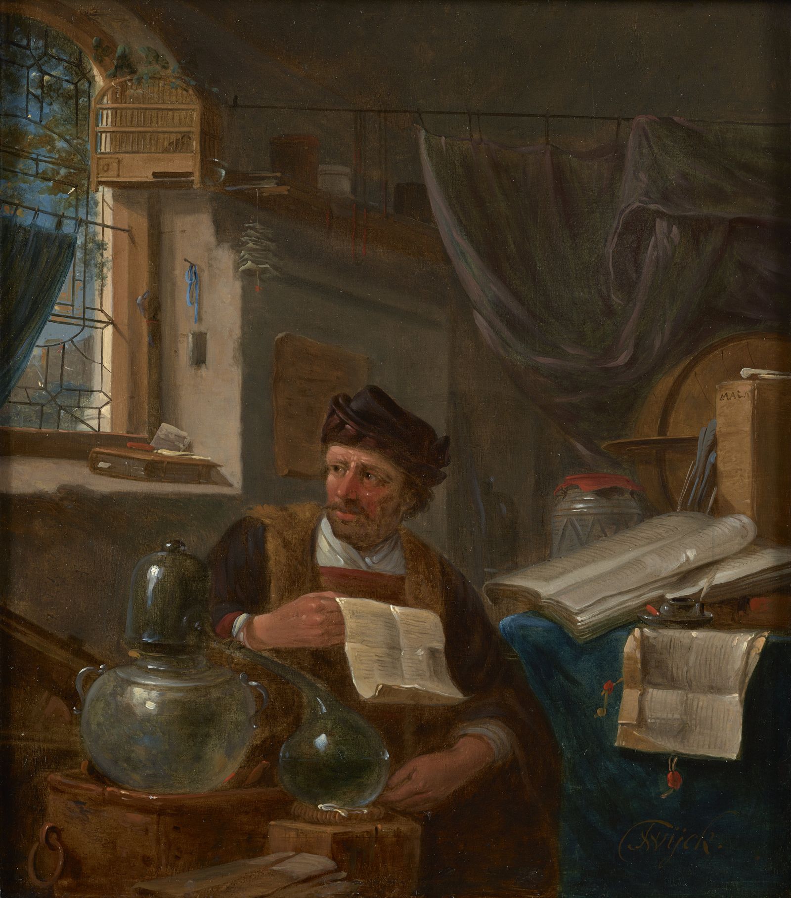 An alchemist studying among open books and glass distillation vessels. Painting by Thomas Wijck.